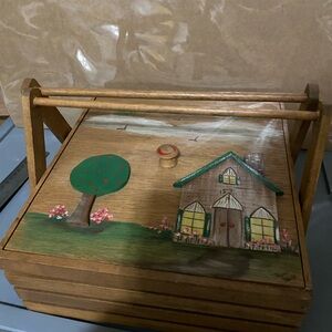 Hand-Painted Wooden Basket with House Design
